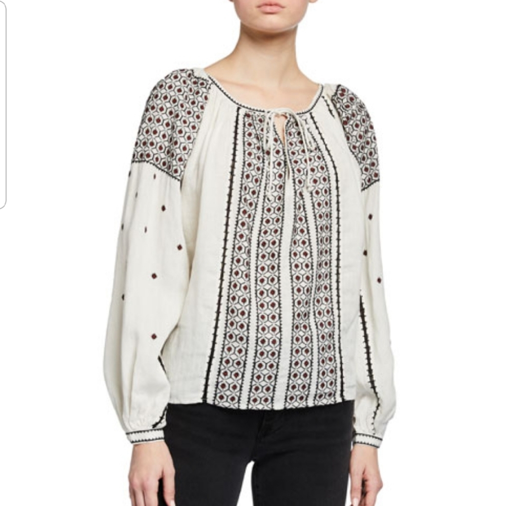 NWT FRAME Brand Anita Embroidered White Linen Top